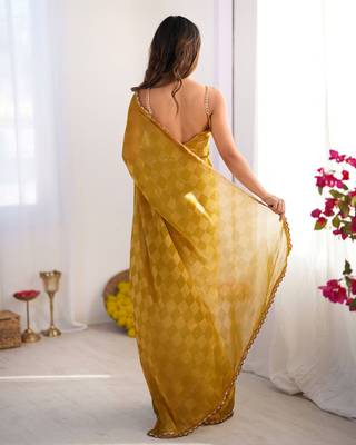 Mustard color nc chiffon chex fabric beautiful designer woven saree with cut dana lace border 2