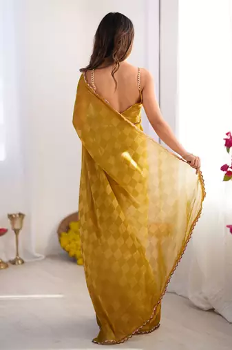 Mustard color nc chiffon chex fabric beautiful designer woven saree with cut dana lace border