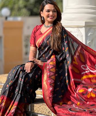 Black silk blend ikkat and patola weaving concept saree & contrast blouse 3