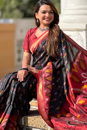 Black silk blend ikkat and patola weaving concept saree & contrast blouse