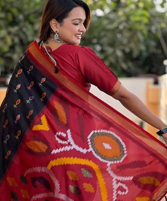 Black silk blend ikkat and patola weaving concept saree & contrast blouse 4