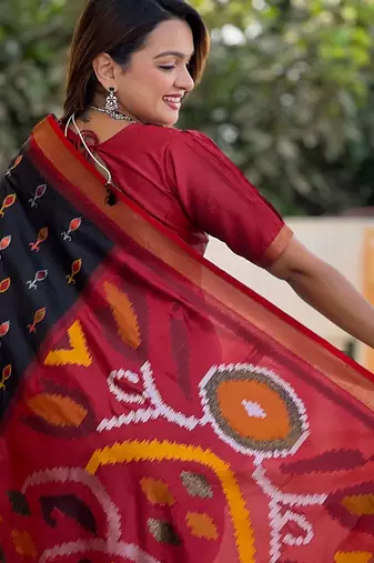 Black silk blend ikkat and patola weaving concept saree & contrast blouse
