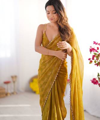 Mustard color nc chiffon chex fabric beautiful designer woven saree with cut dana lace border 3