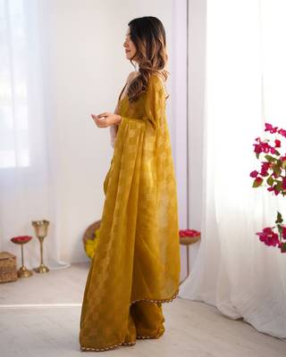 Mustard color nc chiffon chex fabric beautiful designer woven saree with cut dana lace border 4
