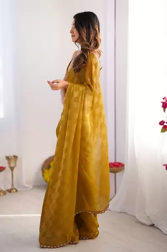 Mustard color nc chiffon chex fabric beautiful designer woven saree with cut dana lace border