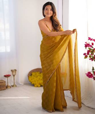 Mustard color nc chiffon chex fabric beautiful designer woven saree with cut dana lace border 5