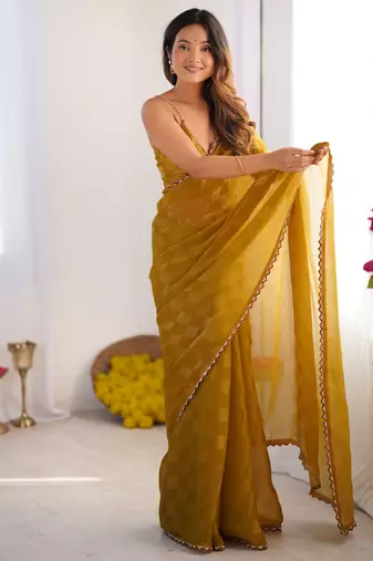 Mustard color nc chiffon chex fabric beautiful designer woven saree with cut dana lace border