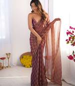Onion color nc chiffon chex fabric beautiful designer woven saree with cut dana lace border