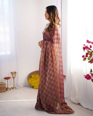 Onion color nc chiffon chex fabric beautiful designer woven saree with cut dana lace border 4
