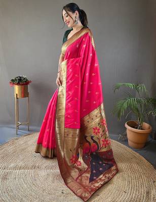 pink color silk blend saree with rich contrast weaving pallu & border and beautiful buttis 2