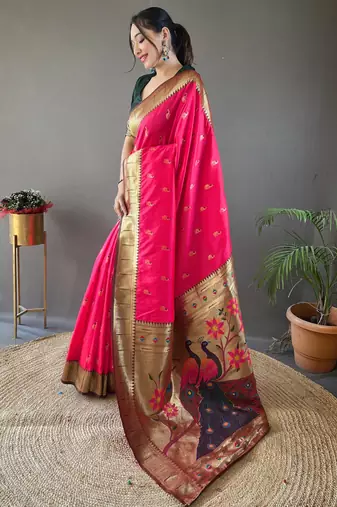pink color silk blend saree with rich contrast weaving pallu & border and beautiful buttis
