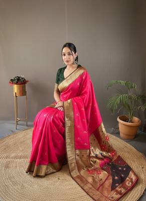 pink color silk blend saree with rich contrast weaving pallu & border and beautiful buttis 4