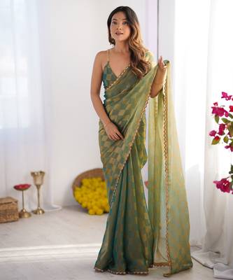 Pista color nc chiffon chex fabric beautiful designer woven saree with cut dana lace border 1