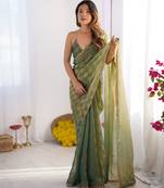 Pista color nc chiffon chex fabric beautiful designer woven saree with cut dana lace border