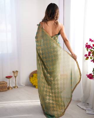 Pista color nc chiffon chex fabric beautiful designer woven saree with cut dana lace border 2