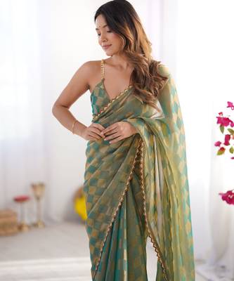 Pista color nc chiffon chex fabric beautiful designer woven saree with cut dana lace border 3