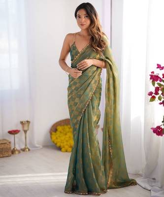 Pista color nc chiffon chex fabric beautiful designer woven saree with cut dana lace border 4