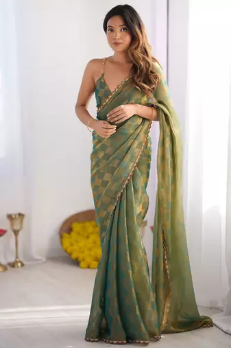 Pista color nc chiffon chex fabric beautiful designer woven saree with cut dana lace border