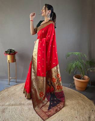 Red color silk blend saree with rich contrast weaving pallu & border and beautiful buttis 2