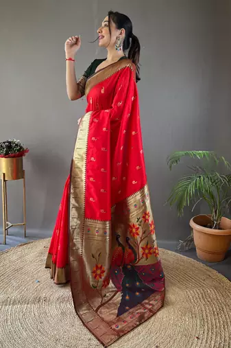 Red color silk blend saree with rich contrast weaving pallu & border and beautiful buttis