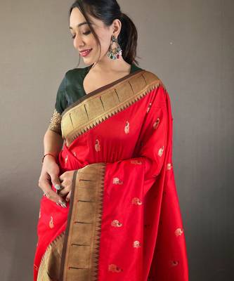 Red color silk blend saree with rich contrast weaving pallu & border and beautiful buttis 3
