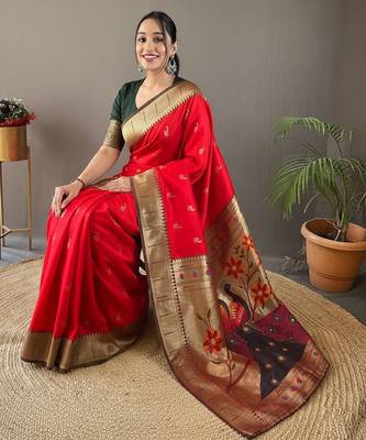 Red color silk blend saree with rich contrast weaving pallu & border and beautiful buttis 4
