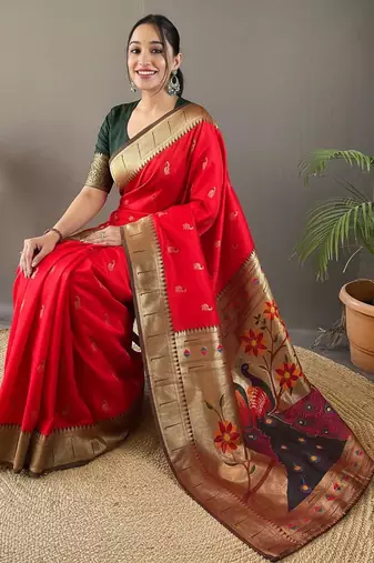 Red color silk blend saree with rich contrast weaving pallu & border and beautiful buttis