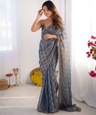 Sky blue color nc chiffon chex fabric beautiful designer woven saree with cut dana lace border 1