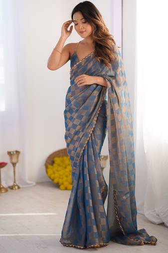Sky blue color nc chiffon chex fabric beautiful designer woven saree with cut dana lace border