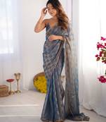 Sky blue color nc chiffon chex fabric beautiful designer woven saree with cut dana lace border