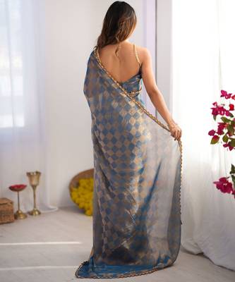 Sky blue color nc chiffon chex fabric beautiful designer woven saree with cut dana lace border 2
