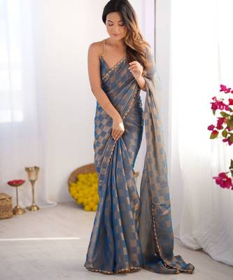 Sky blue color nc chiffon chex fabric beautiful designer woven saree with cut dana lace border 4