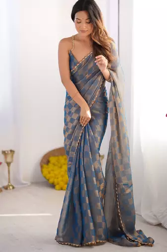 Sky blue color nc chiffon chex fabric beautiful designer woven saree with cut dana lace border