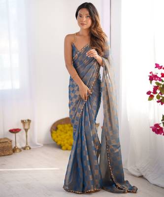 Sky blue color nc chiffon chex fabric beautiful designer woven saree with cut dana lace border 5