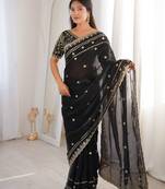 Black color beautiful sequins work heavy partywear saree