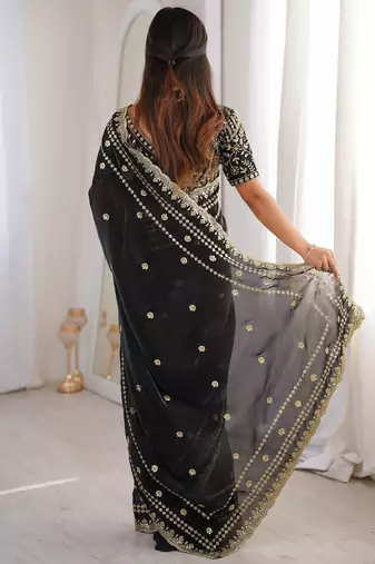 Black color beautiful sequins work heavy partywear saree