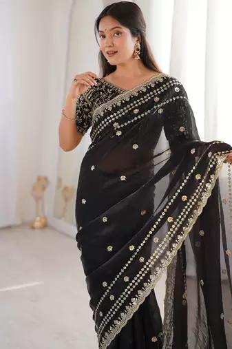 Black color beautiful sequins work heavy partywear saree