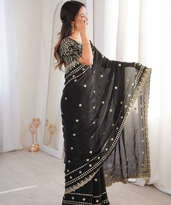 Black color beautiful sequins work heavy partywear saree 4