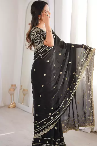 Black color beautiful sequins work heavy partywear saree
