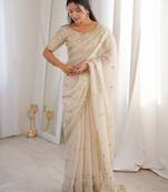 Cream color beautiful sequins work heavy partywear saree