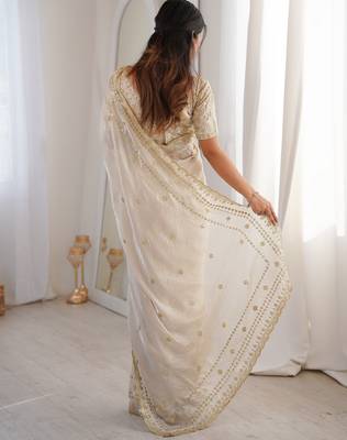Cream color beautiful sequins work heavy partywear saree 2