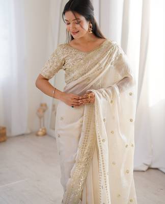 Cream color beautiful sequins work heavy partywear saree 3