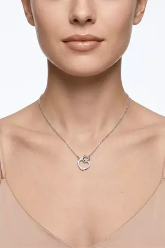 925 Sterling Silver Double Heart  Pendant Necklace Set , CZ Interlocking Heart Pendant Set 