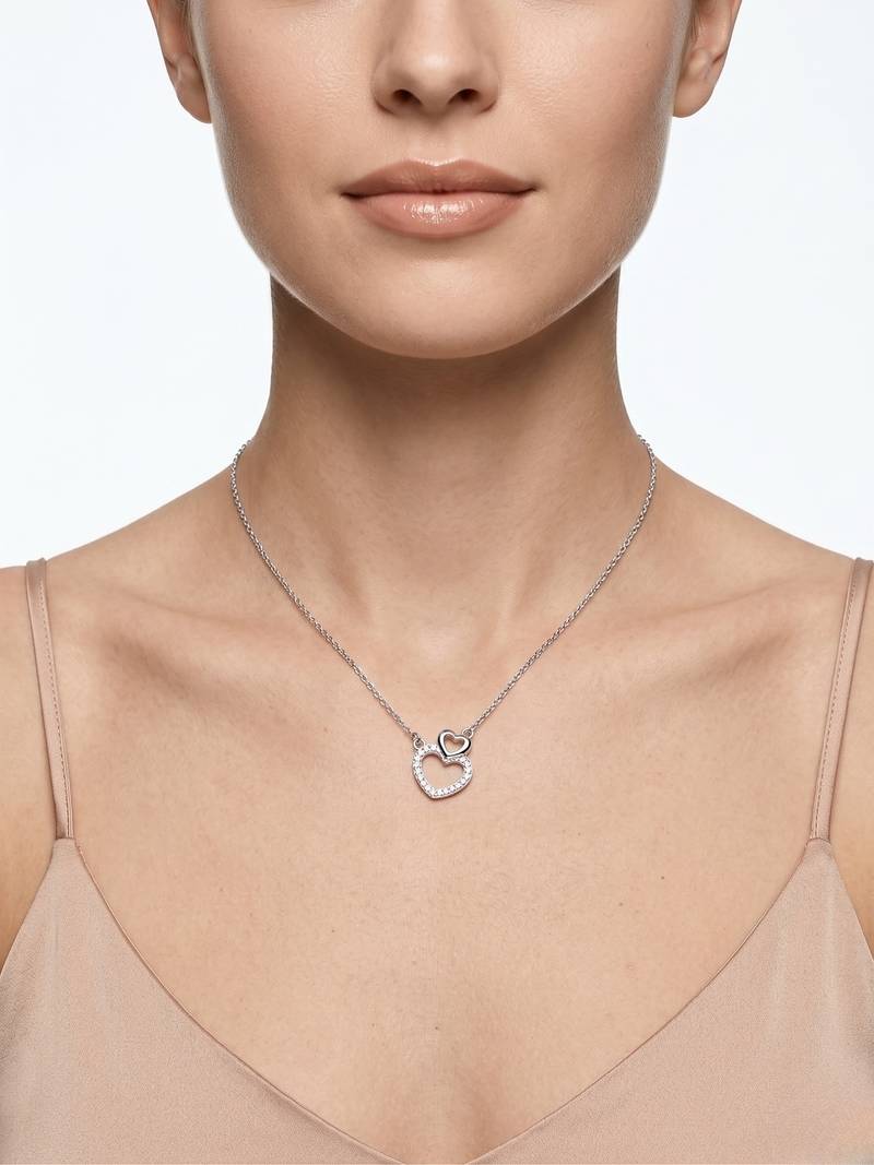 925 Sterling Silver Double Heart  Pendant Necklace Set , CZ Interlocking Heart Pendant Set 