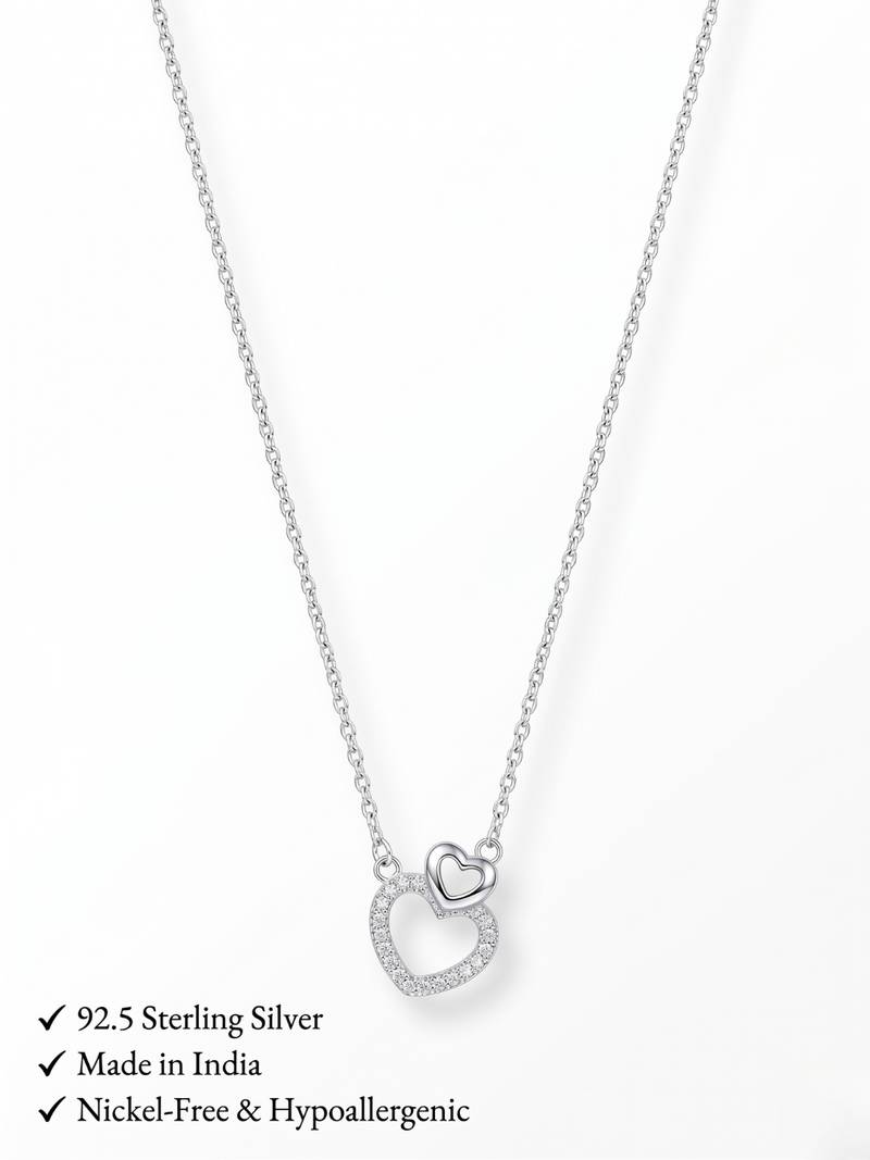 925 Sterling Silver Double Heart  Pendant Necklace Set , CZ Interlocking Heart Pendant Set 