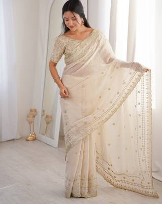 Cream color beautiful sequins work heavy partywear saree 4