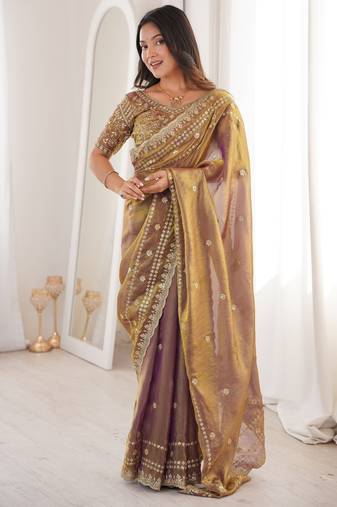 Gold  color beautiful sequins work heavy partywear saree
