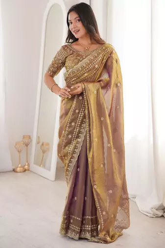 Gold  color beautiful sequins work heavy partywear saree