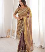 Gold  color beautiful sequins work heavy partywear saree