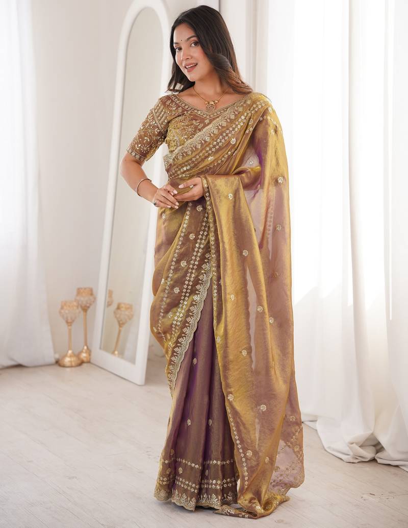 Gold  color beautiful sequins work heavy partywear saree